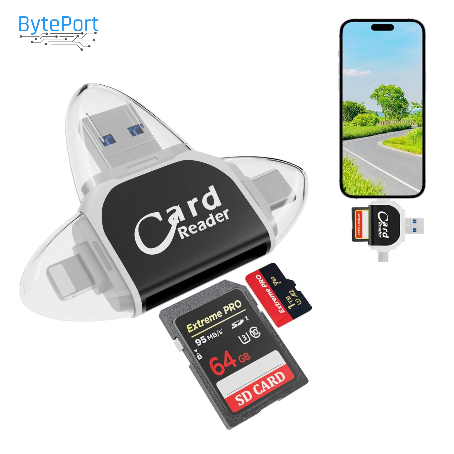BytePort 4-in-1 SD Kaartlezer – USB-C & USB 3.0