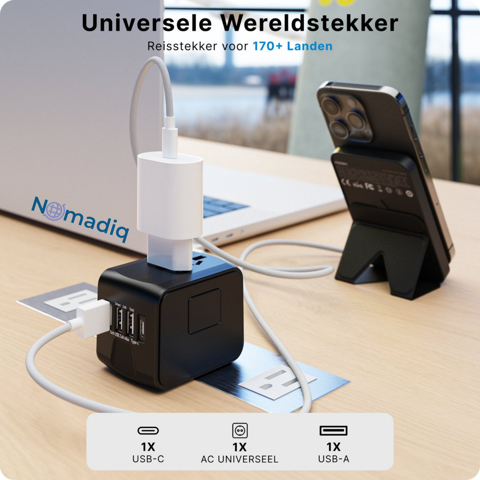 Nomadiq Wereldstekker met USB & Snellader