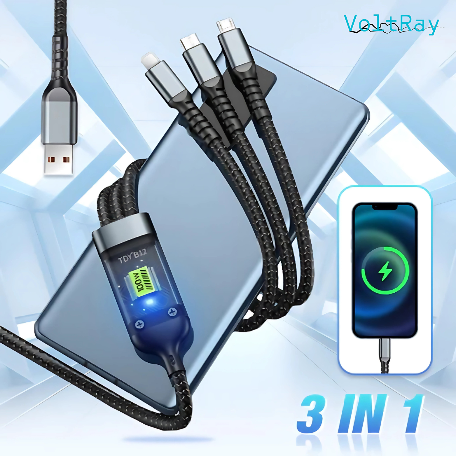 VoltRay 3-in-1 Snellaadkabel 100W – USB-C, Lightning & Micro-USB