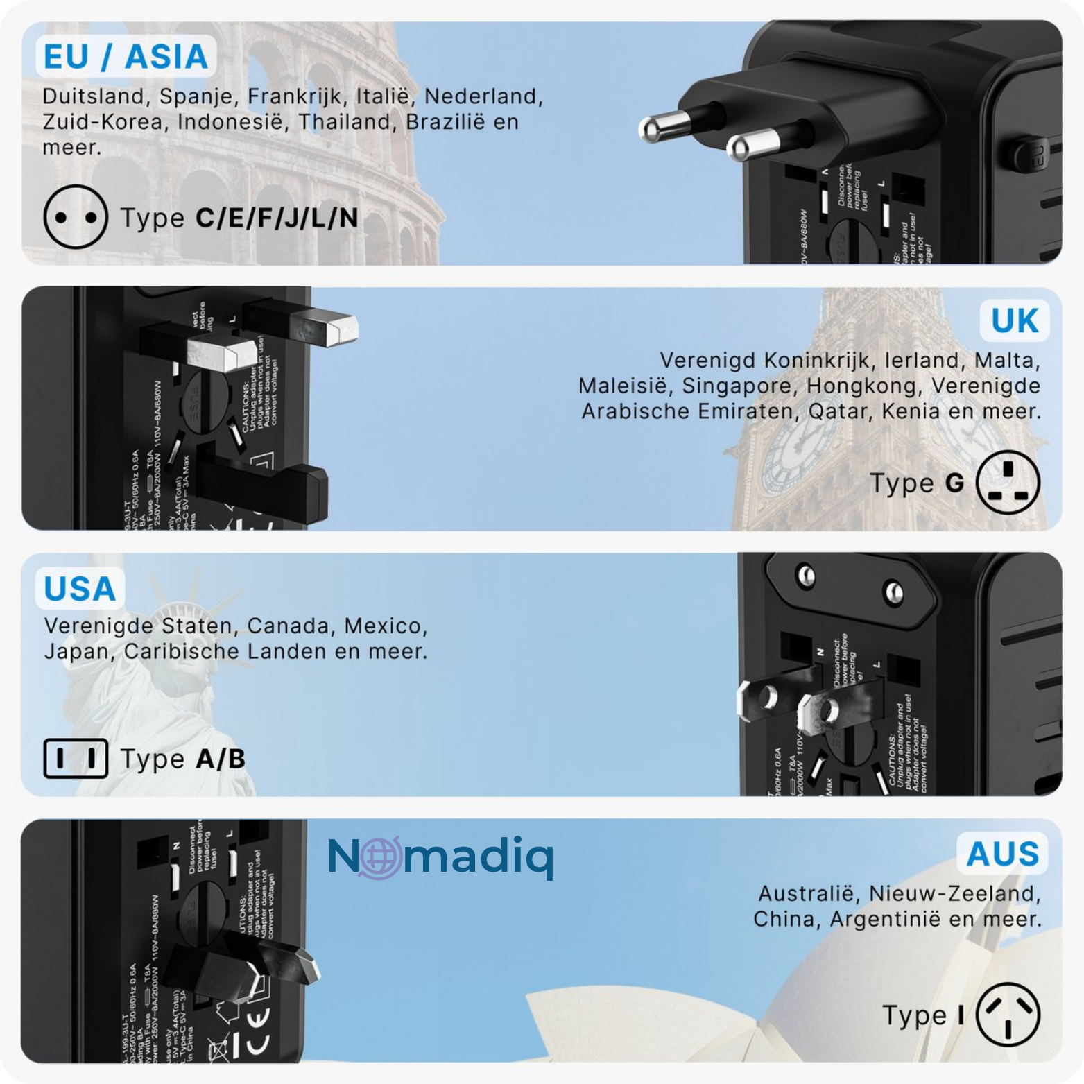 Nomadiq Wereldstekker met USB & Snellader