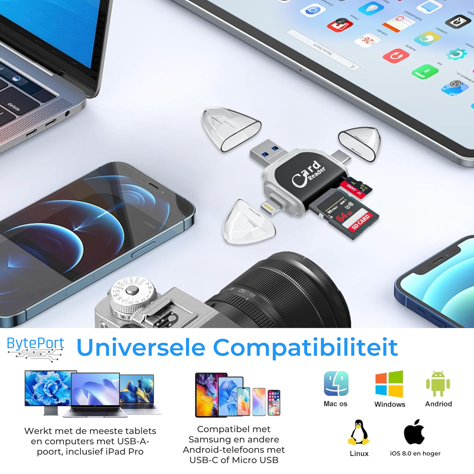 BytePort 4-in-1 SD Kaartlezer – USB-C & USB 3.0