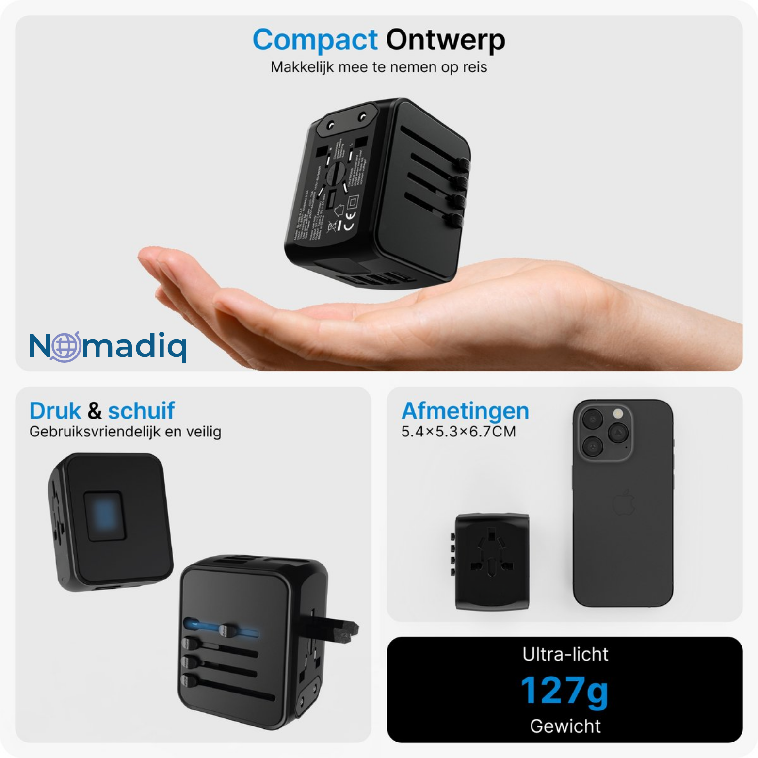 Nomadiq Wereldstekker met USB & Snellader