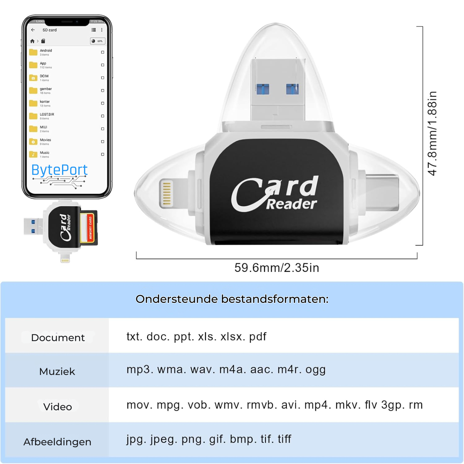 BytePort 4-in-1 SD Kaartlezer – USB-C & USB 3.0