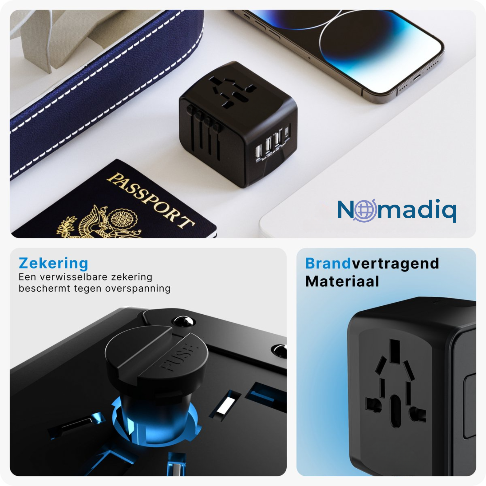 Nomadiq Wereldstekker met USB & Snellader
