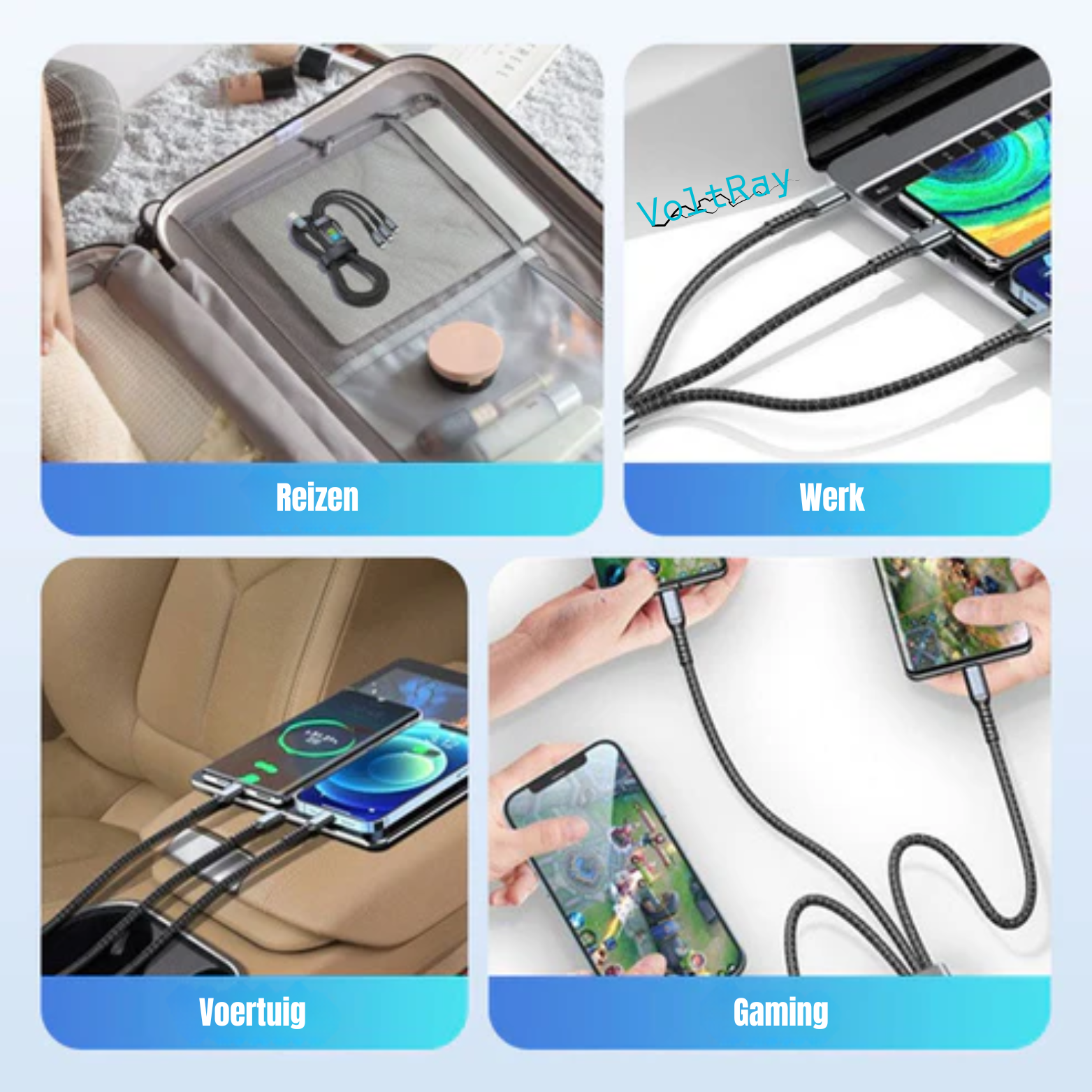 VoltRay 3-in-1 Snellaadkabel 100W – USB-C, Lightning & Micro-USB